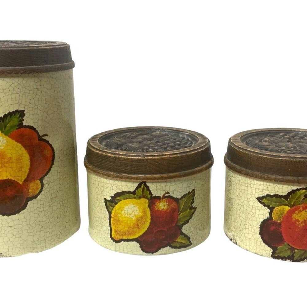 Vintage Crackle Finish Fruit Design Canister Set - Kitchen Storage Jars With Woo